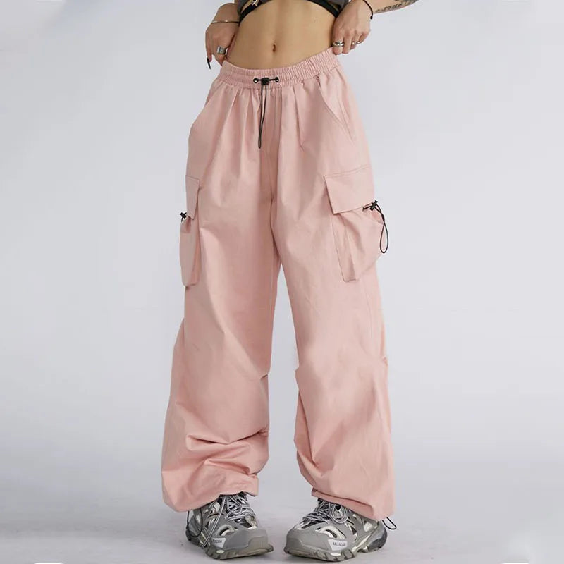 Oversize Solid Cargo Drawstring Pants Pink / S