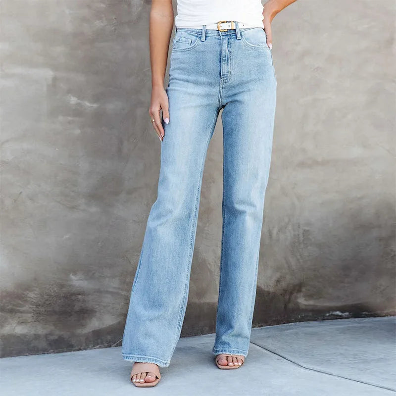Stretch Blue High Waist Loose Wide Leg Vintage Fashionable Washed Straight Casual Jean / S