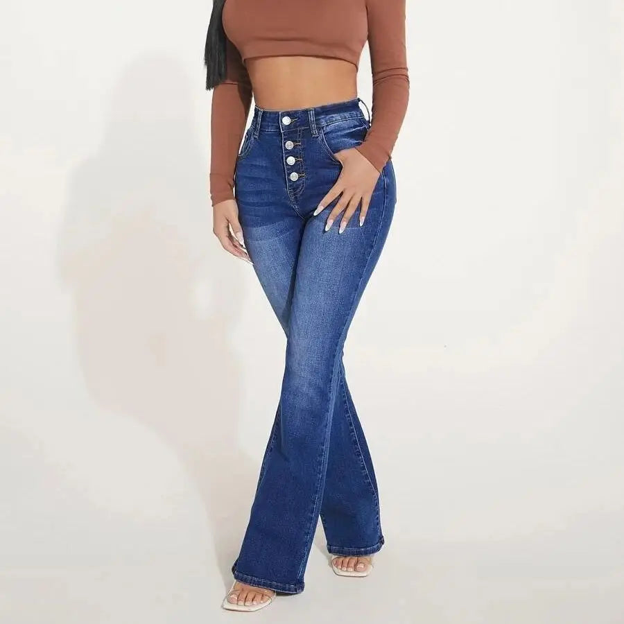 Stretch Slim Flare Button Fly High Waist Full Length Vintage Jean Blue / S