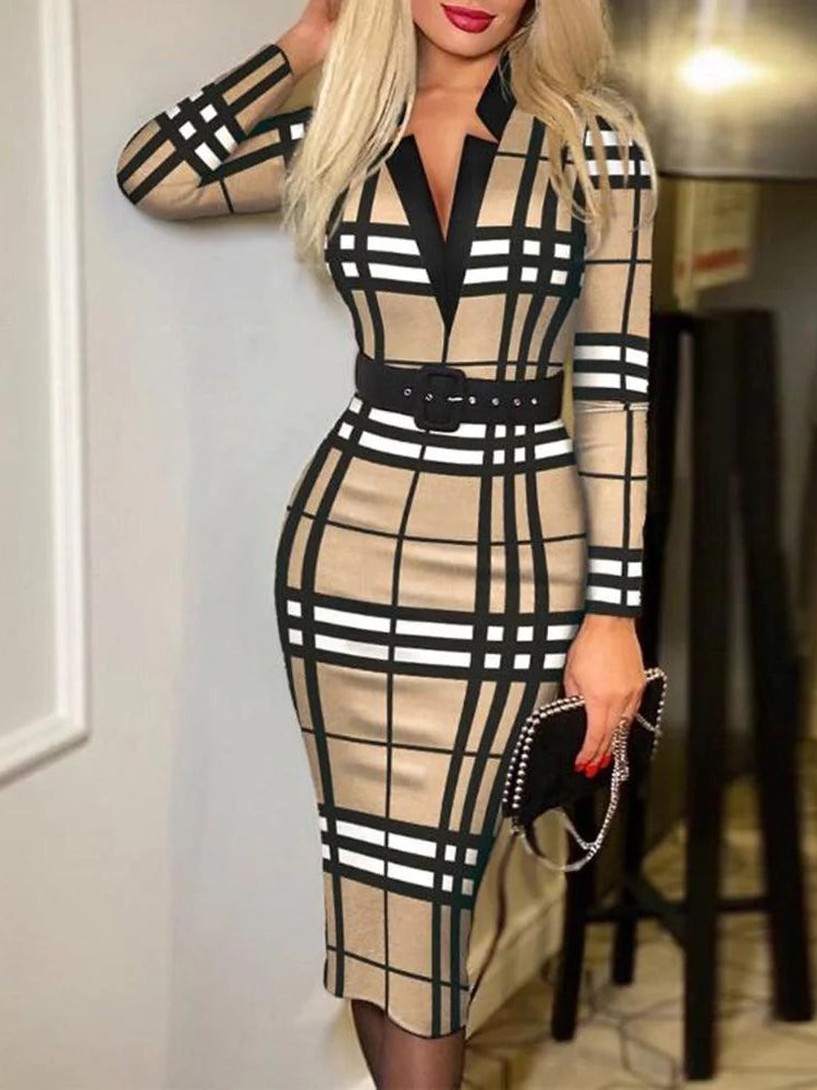 Stunning Brown Print V-Neck Bodycon Midi Dress