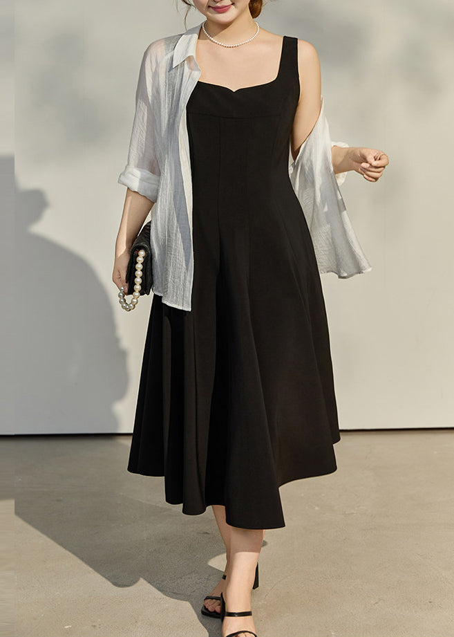 Style Black Square Collar Exra Large Hem Cotton Sundress Summer