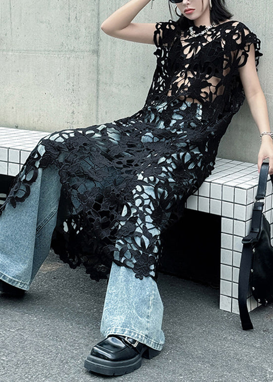 Stylish Black O Neck Hollow Out Lace Dresses Summer