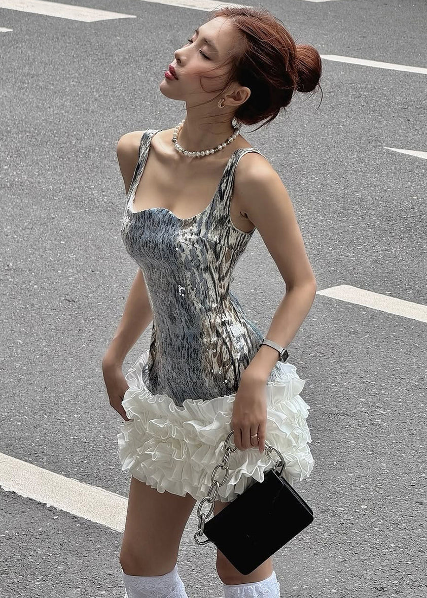 Stylish Blue Square Collar Sequins Patchwork Mini Dress Sleeveless
