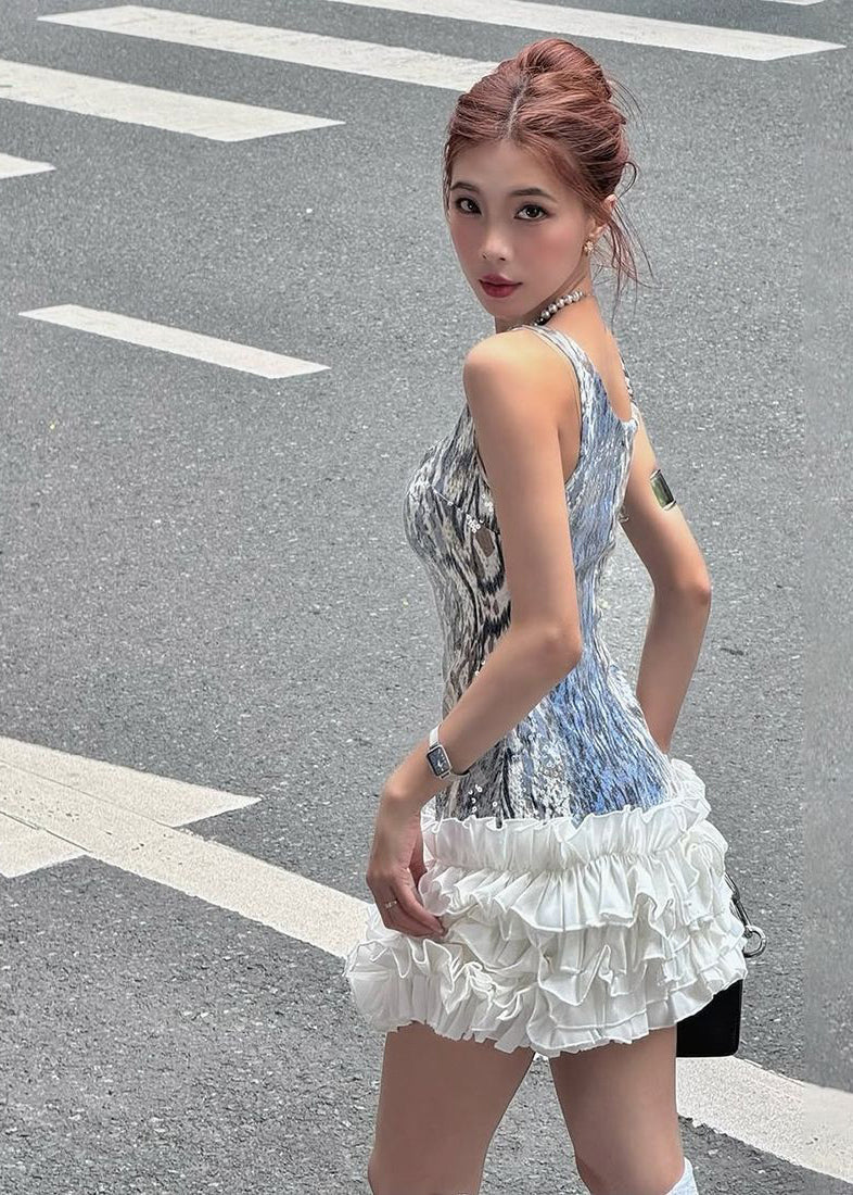 Stylish Blue Square Collar Sequins Patchwork Mini Dress Sleeveless