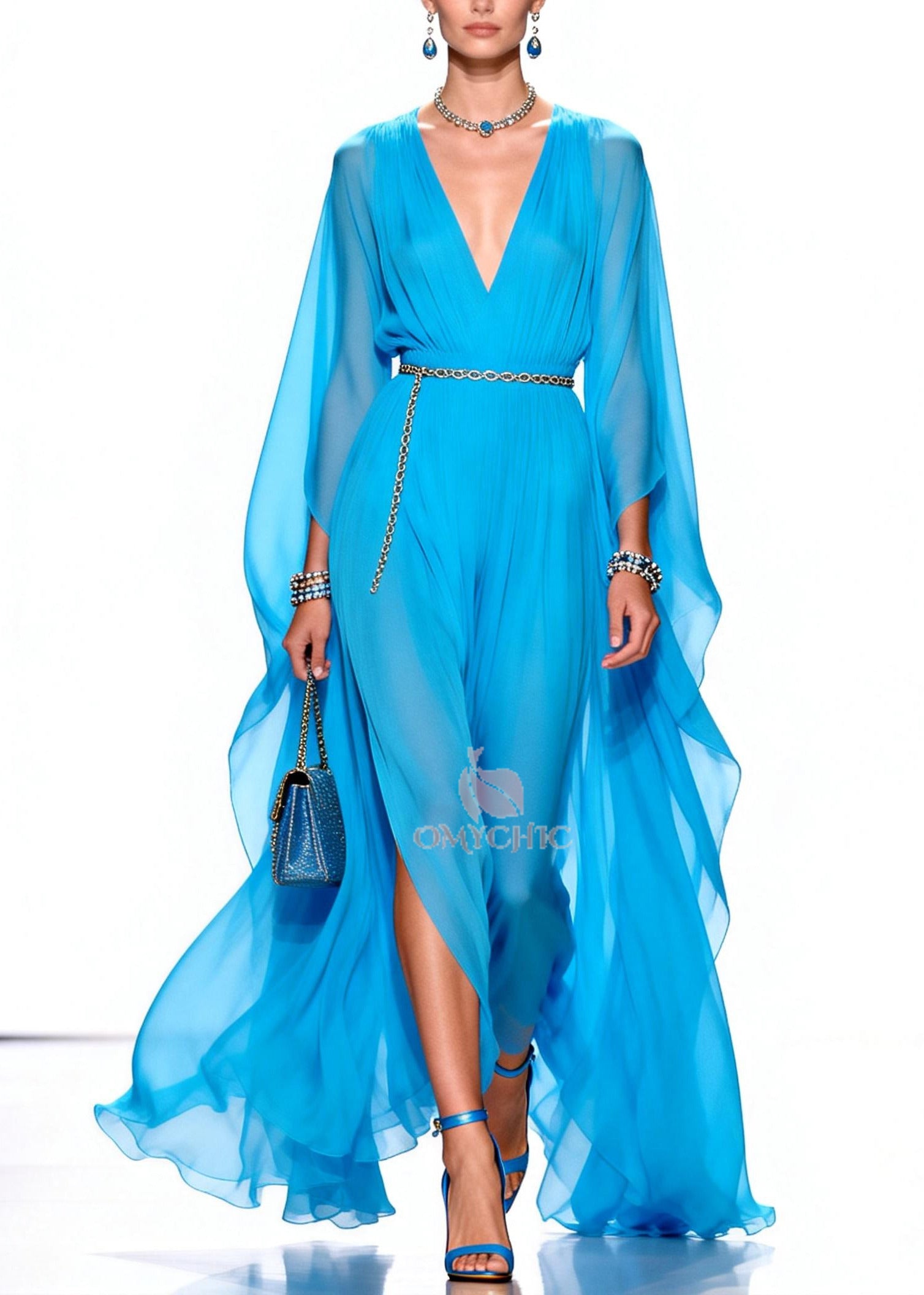 Stylish Blue V Neck Draping Chiffon Maxi Dresses Summer