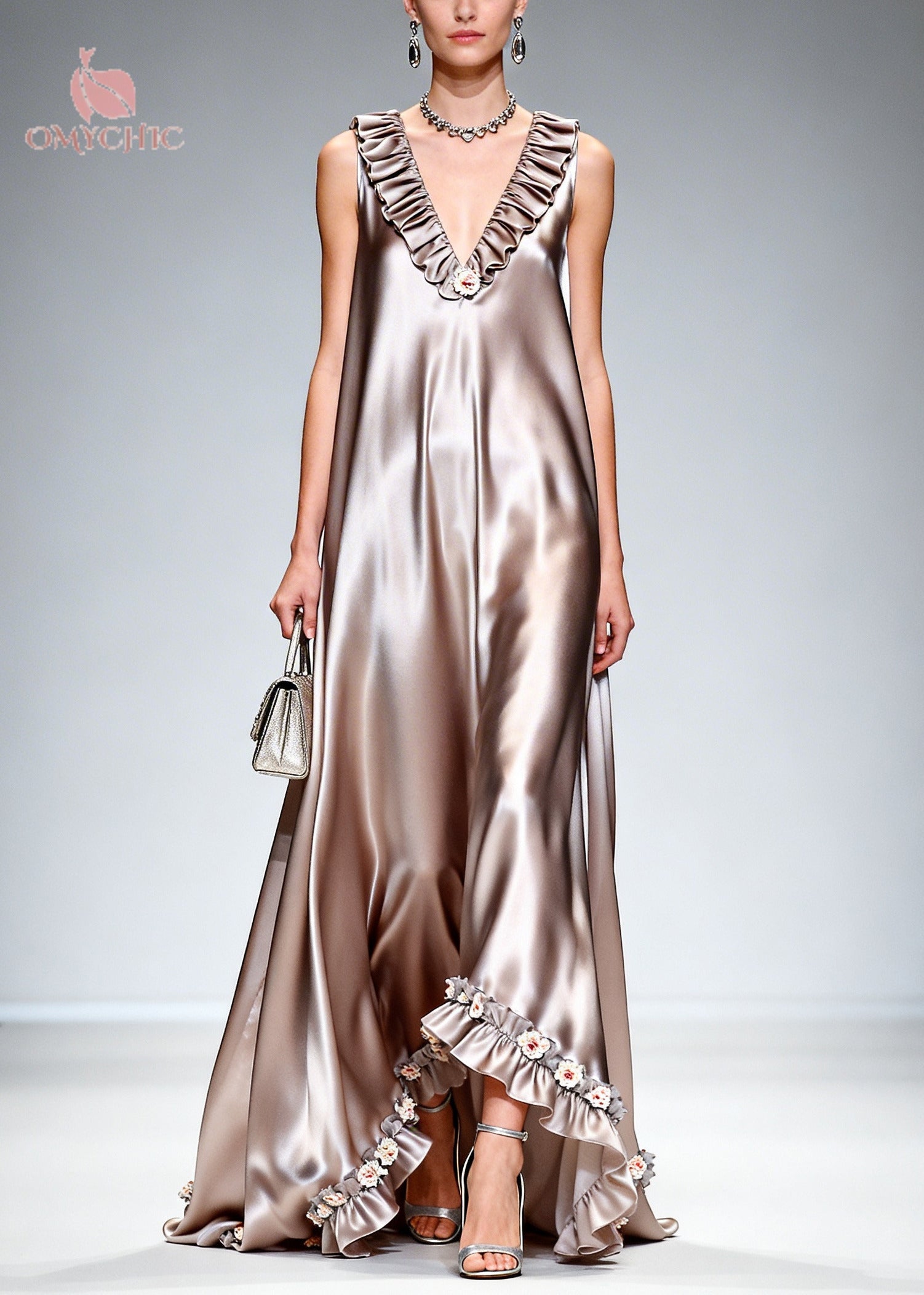 Stylish Khaki Ruffled Exra Large Hem Silk Long Dress Sleeveless