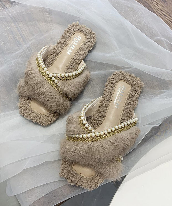 Faux Fur Pearl Beaded Cross Strap Open Toe Slide Slippers