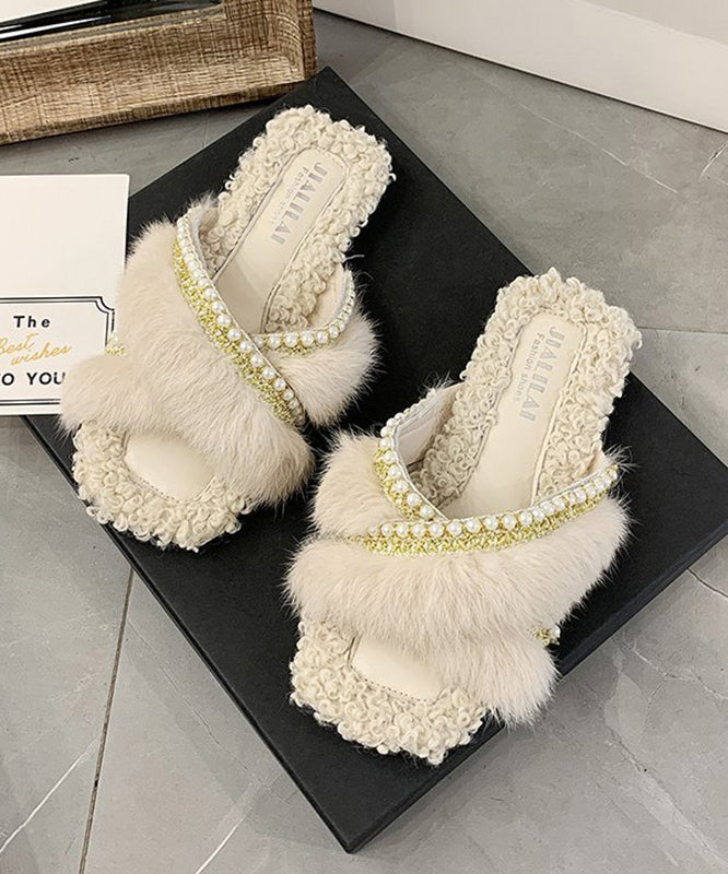 Faux Fur Pearl Beaded Cross Strap Open Toe Slide Slippers 2
