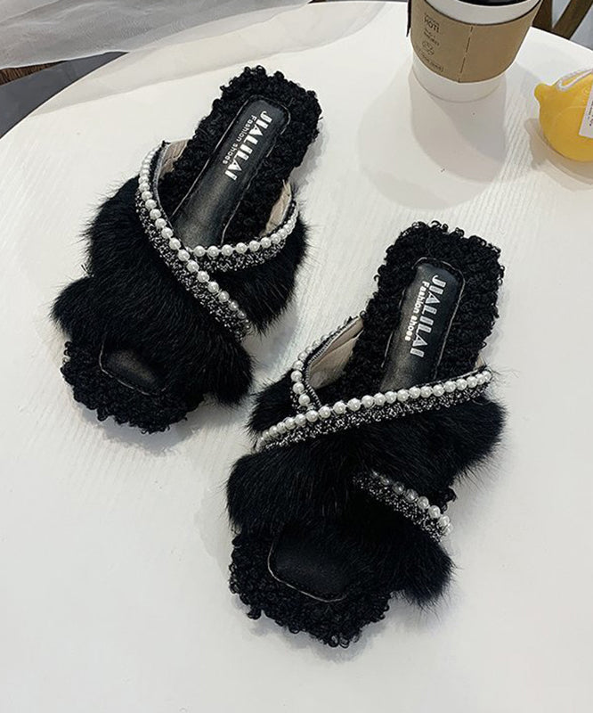Faux Fur Pearl Beaded Cross Strap Open Toe Slide Slippers 3