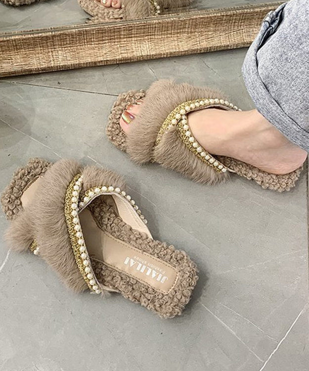 Faux Fur Pearl Beaded Cross Strap Open Toe Slide Slippers 4