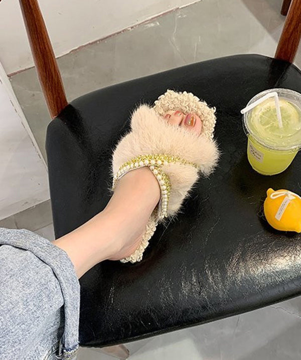 Faux Fur Pearl Beaded Cross Strap Open Toe Slide Slippers 5