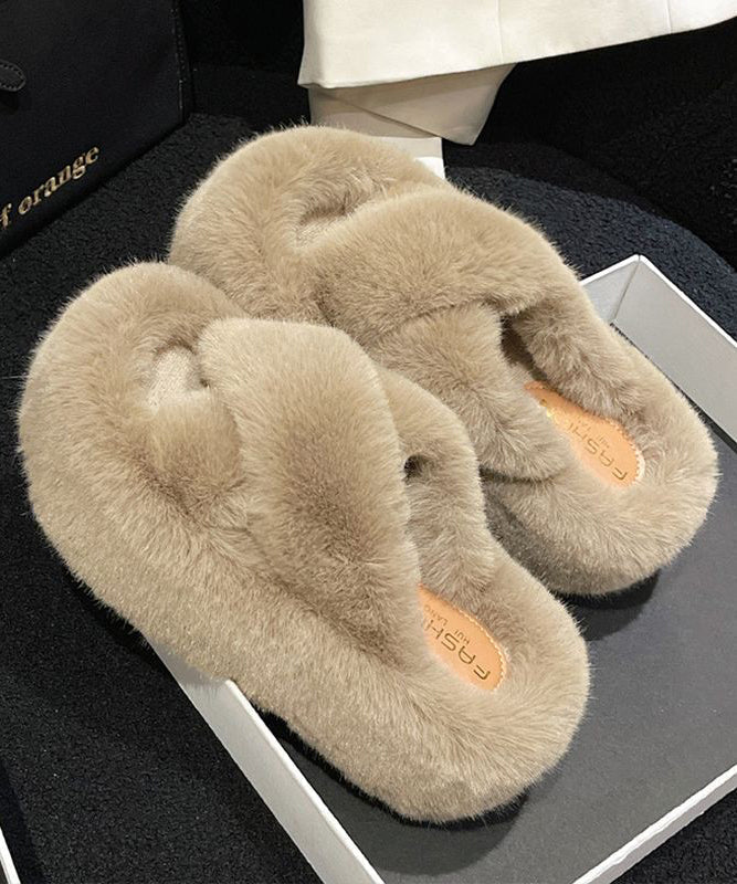 Fuzzy Faux Fur Cross Band Platform Slippers