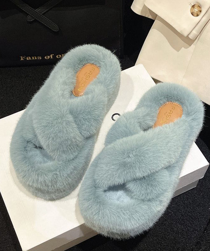 Fuzzy Faux Fur Cross Band Platform Slippers 4