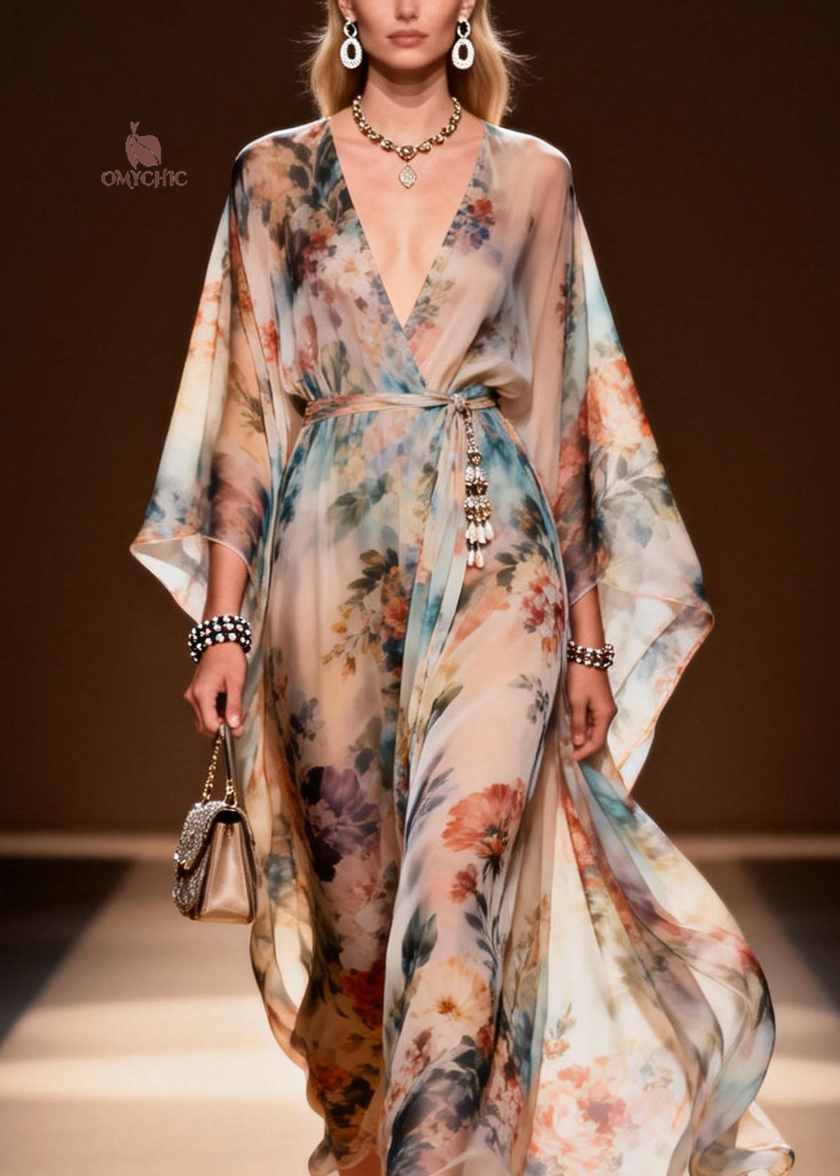 Stylish V Neck Print Loose Chiffon Maxi Dresses Spring