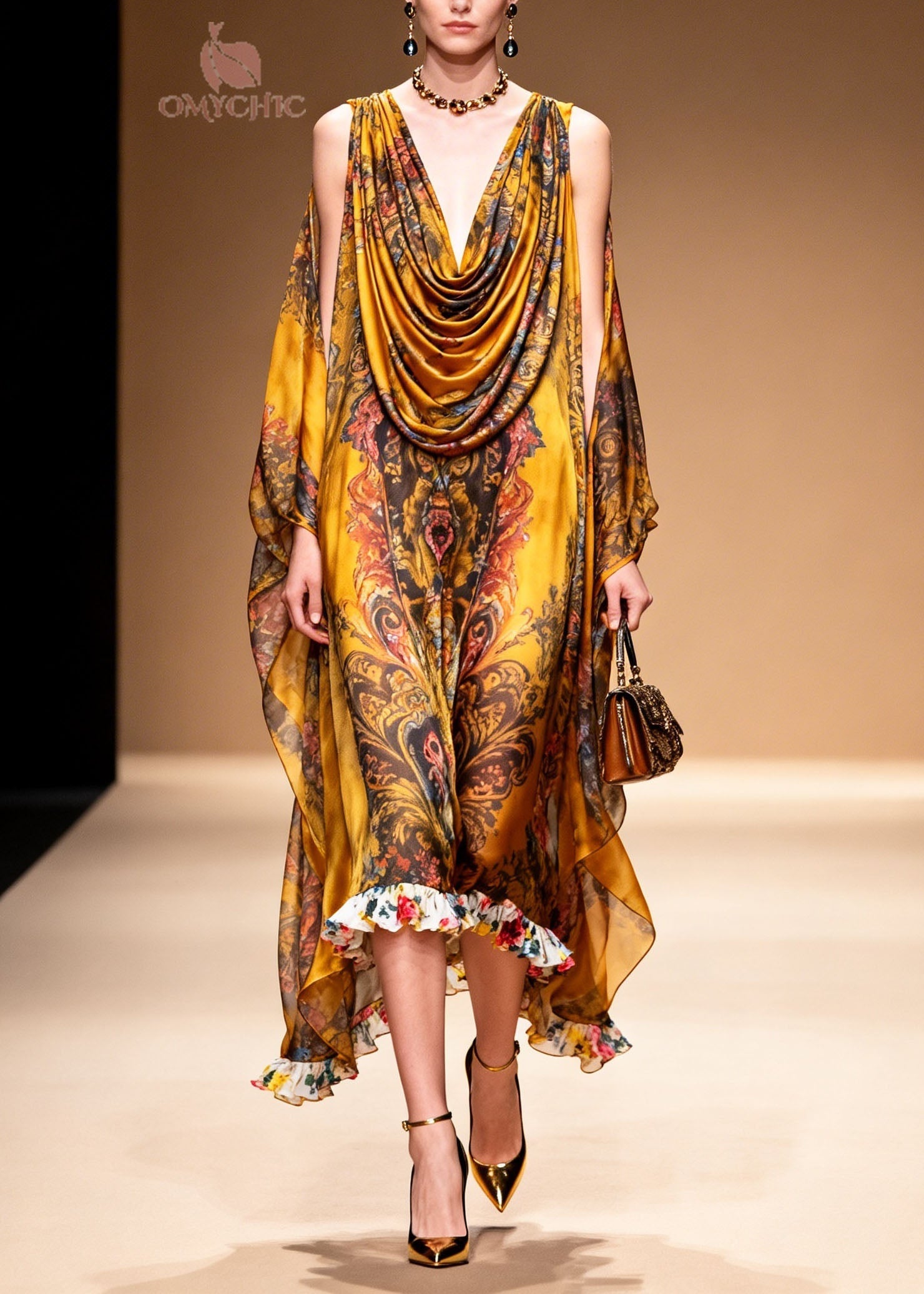 Stylish Yellow Cold Shoulder Print Chiffon Maxi Dresses Summer