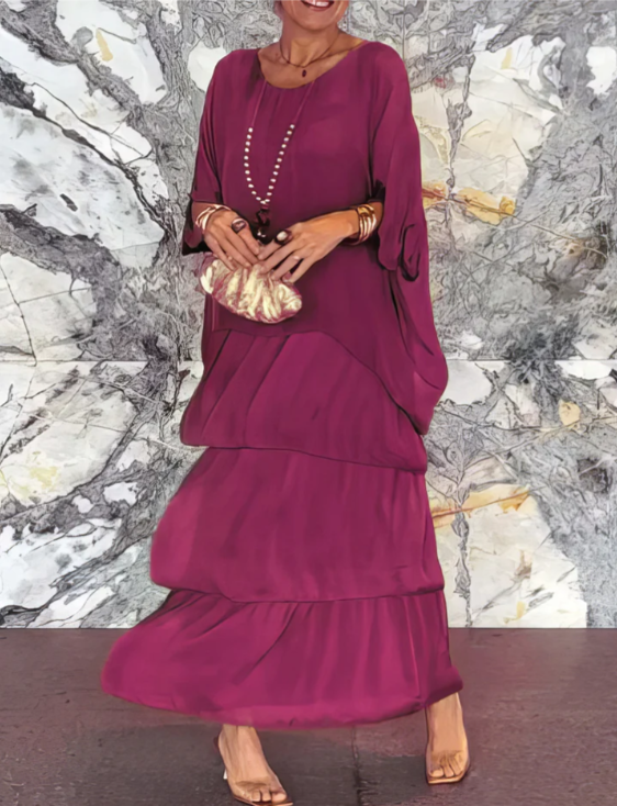 Round Neck Chiffon Layered Batwing Sleeve Tiered Flowy Maxi Dress