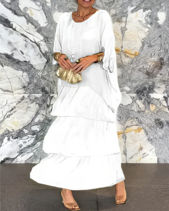 Round Neck Chiffon Layered Batwing Sleeve Tiered Flowy Maxi Dress
