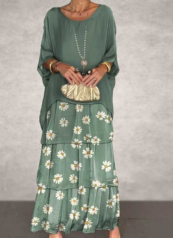 Round Neck Chiffon Layered Batwing Sleeve Tiered Flowy Maxi Dress