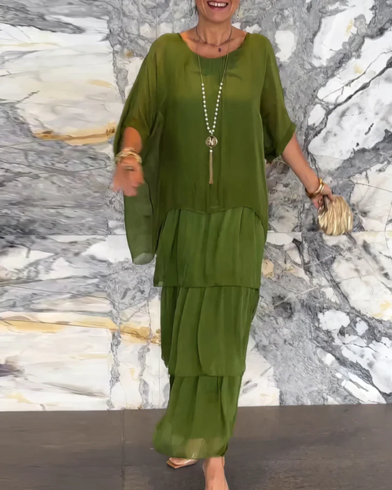 Round Neck Batwing Sleeve Layered Chiffon Tiered Flowy Maxi Dress