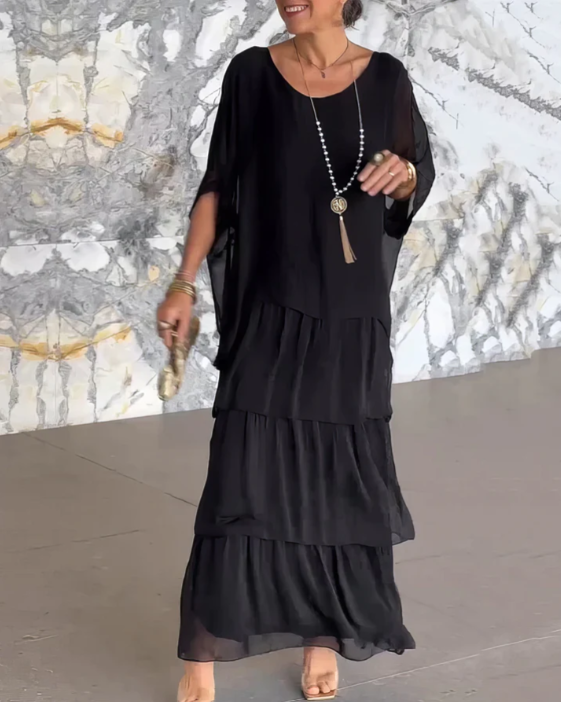 Round Neck Batwing Sleeve Layered Chiffon Tiered Flowy Maxi Dress