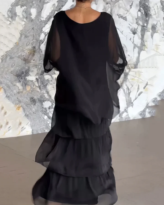 Round Neck Batwing Sleeve Layered Chiffon Tiered Flowy Maxi Dress
