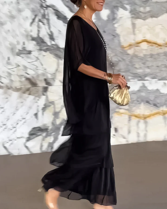 Round Neck Batwing Sleeve Layered Chiffon Tiered Flowy Maxi Dress