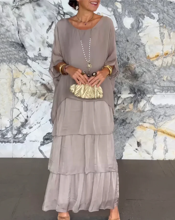 Round Neck Chiffon Layered Batwing Sleeve Tiered Flowy Maxi Dress