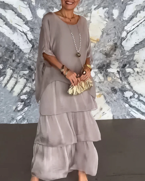 Round Neck Batwing Sleeve Layered Chiffon Tiered Flowy Maxi Dress