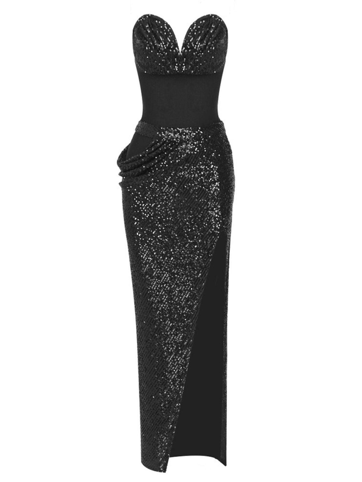 Strapless Sweetheart Sequin High Slit Bodycon Maxi Dress