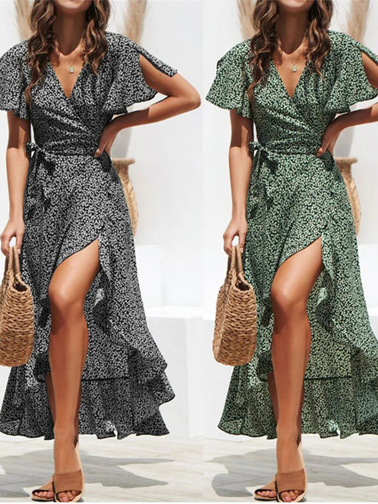 Summer Beach Floral Boho Chiffon Ruffles Wrap VNeck Split Robe Femme Midi Dresses