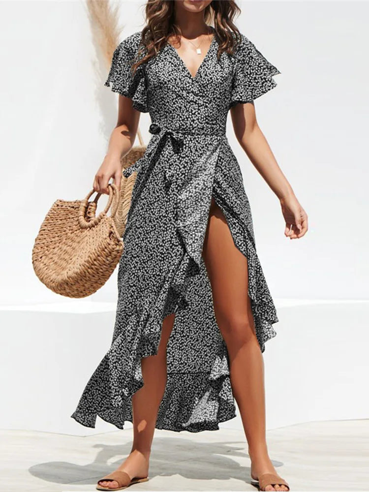 Summer Beach Floral Boho Chiffon Ruffles Wrap VNeck Split Robe Femme Midi Dresses