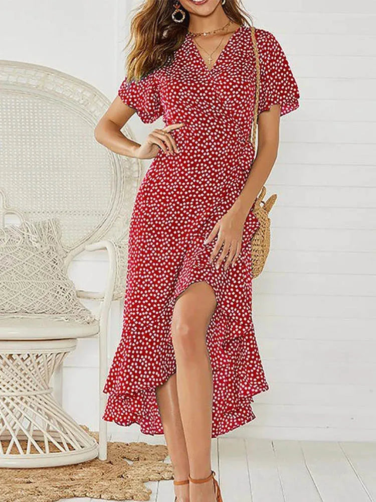 Beach Floral Boho Long Chiffon Ruffles VNeck Sexy Party Robe Midi Dresses