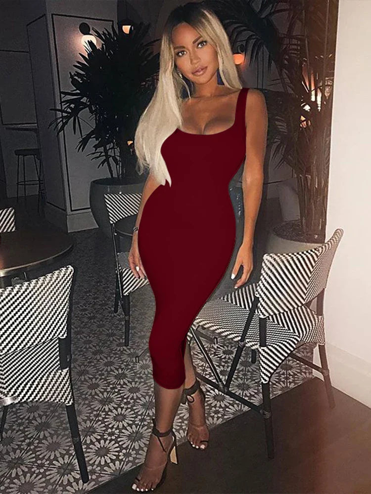 Summer Casual Sexy Square Neck Sleeveless Women's Midi Dresses