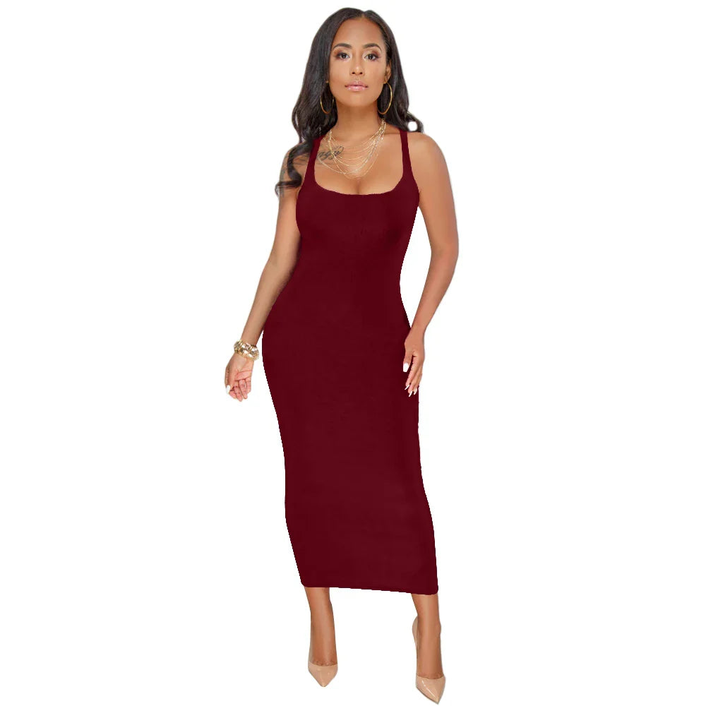 Summer Casual Sexy Square Neck Sleeveless Women's Midi Dresses