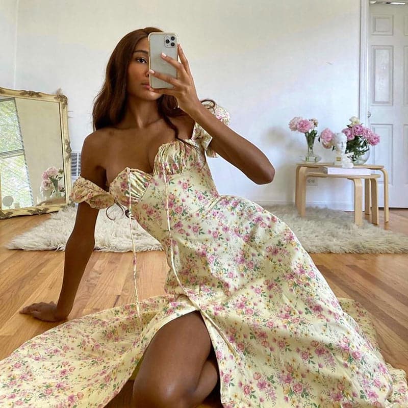 Summer Short Puff Sleeve Flroal Printed Party Dress