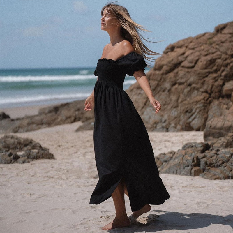 Summer Dresses For Women Square Neck Smocked Short Puff Sleeve Vacation Beach Style