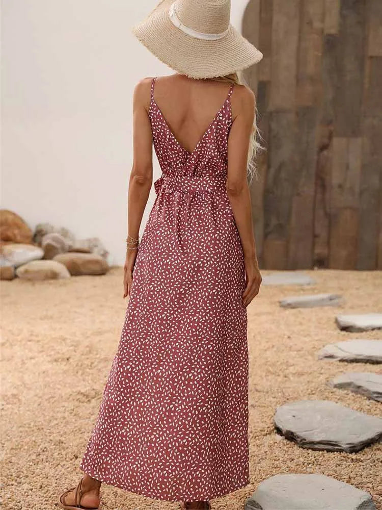 Floral Slit Backless Beach Midi Dress