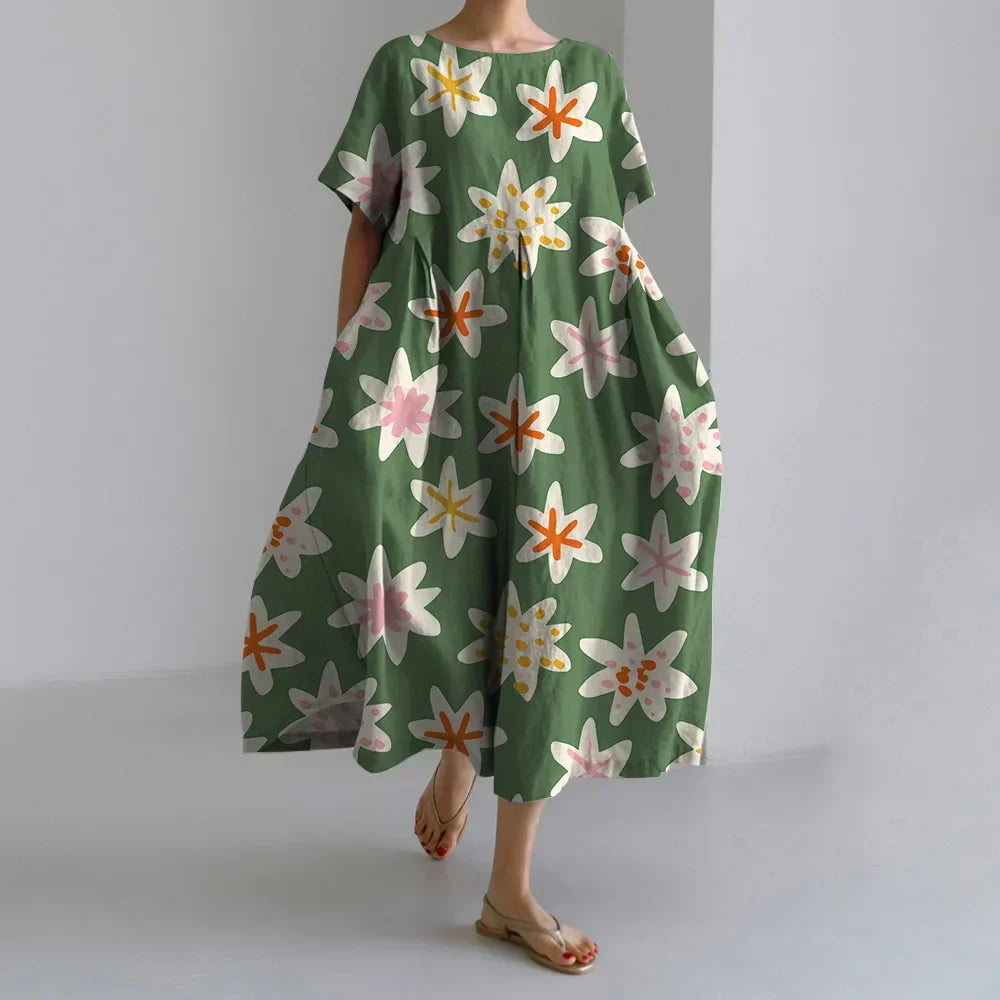 Fashion Floral Printed Short Sleeve Dinner Floral Dress green3 / S oldfloraldress-250126