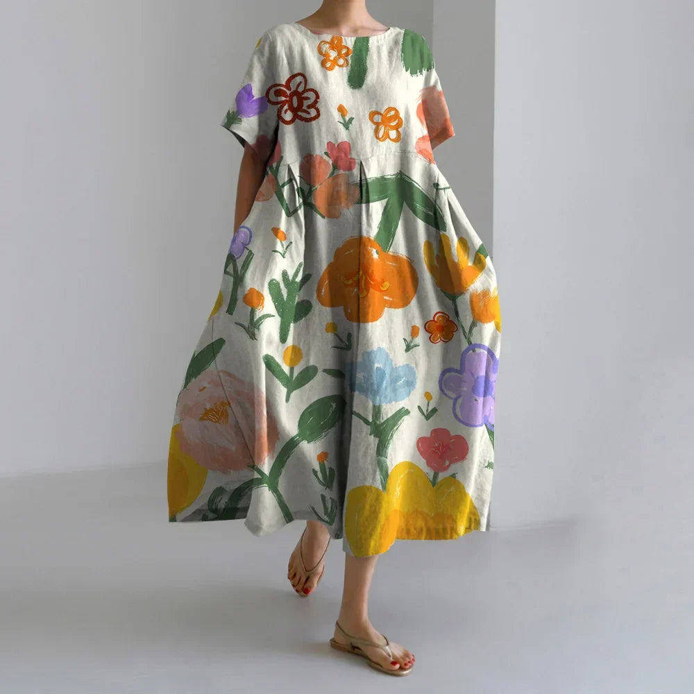 Fashion Floral Printed Short Sleeve Dinner Floral Dress yellow1 / S oldfloraldress-250126