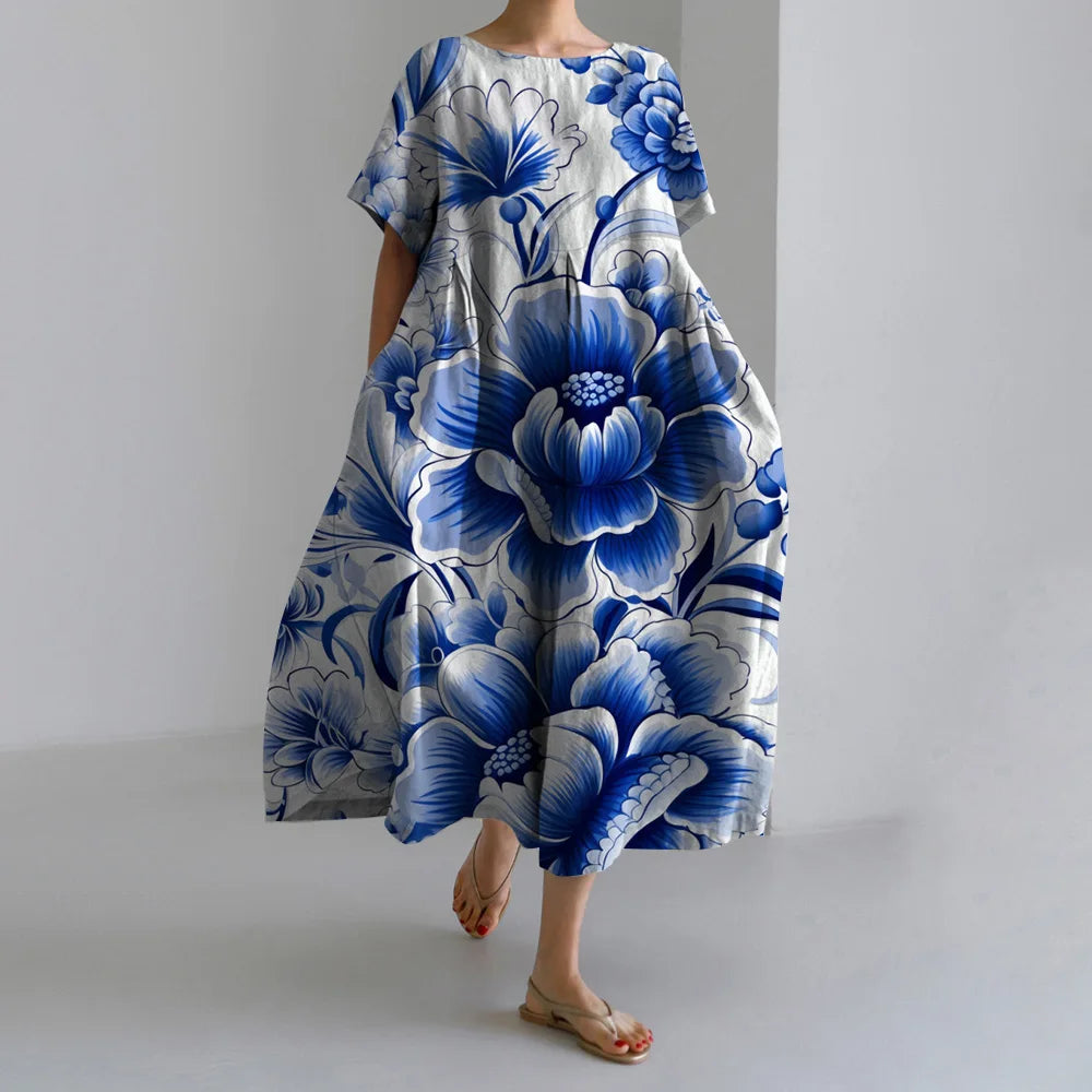 Fashion Floral Printed Short Sleeve Dinner Floral Dress blue2 / S oldfloraldress-250126
