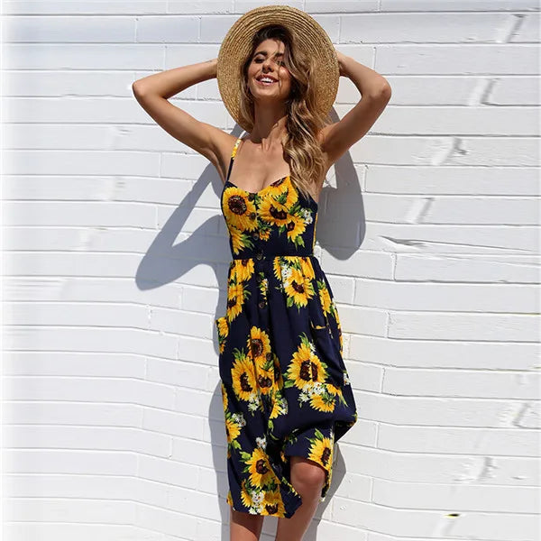 Suspender V-neck Sleeveless Floral Vacation Dress Navy blue / S oldfloraldress-250126