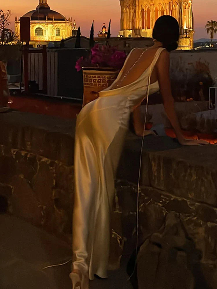 Sunny Evening Spaghetti Strap Backless Satin Maxi Dress