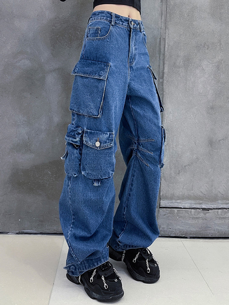 Dark Blue Pockets Wide Leg Jeans
