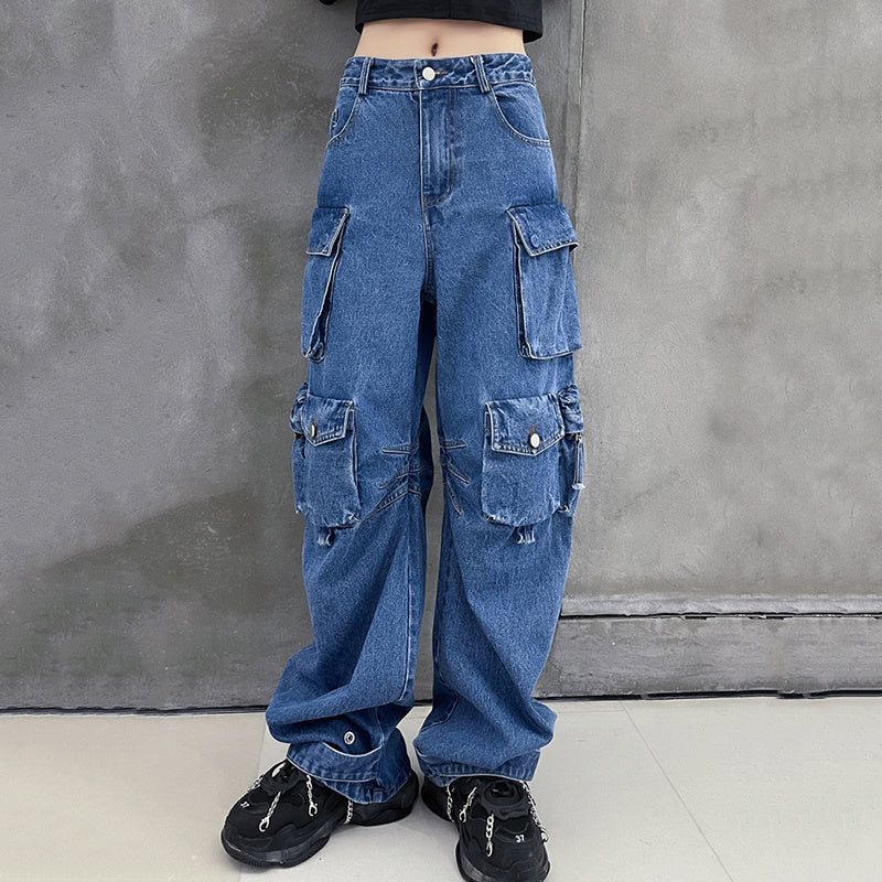Dark Blue Pockets Wide Leg Jeans