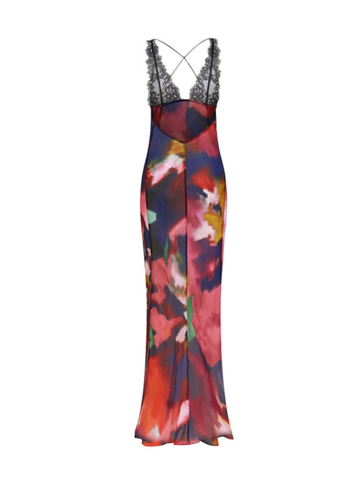 Plunge V-Neck Lace Trim Floral Print Slip Maxi Dress