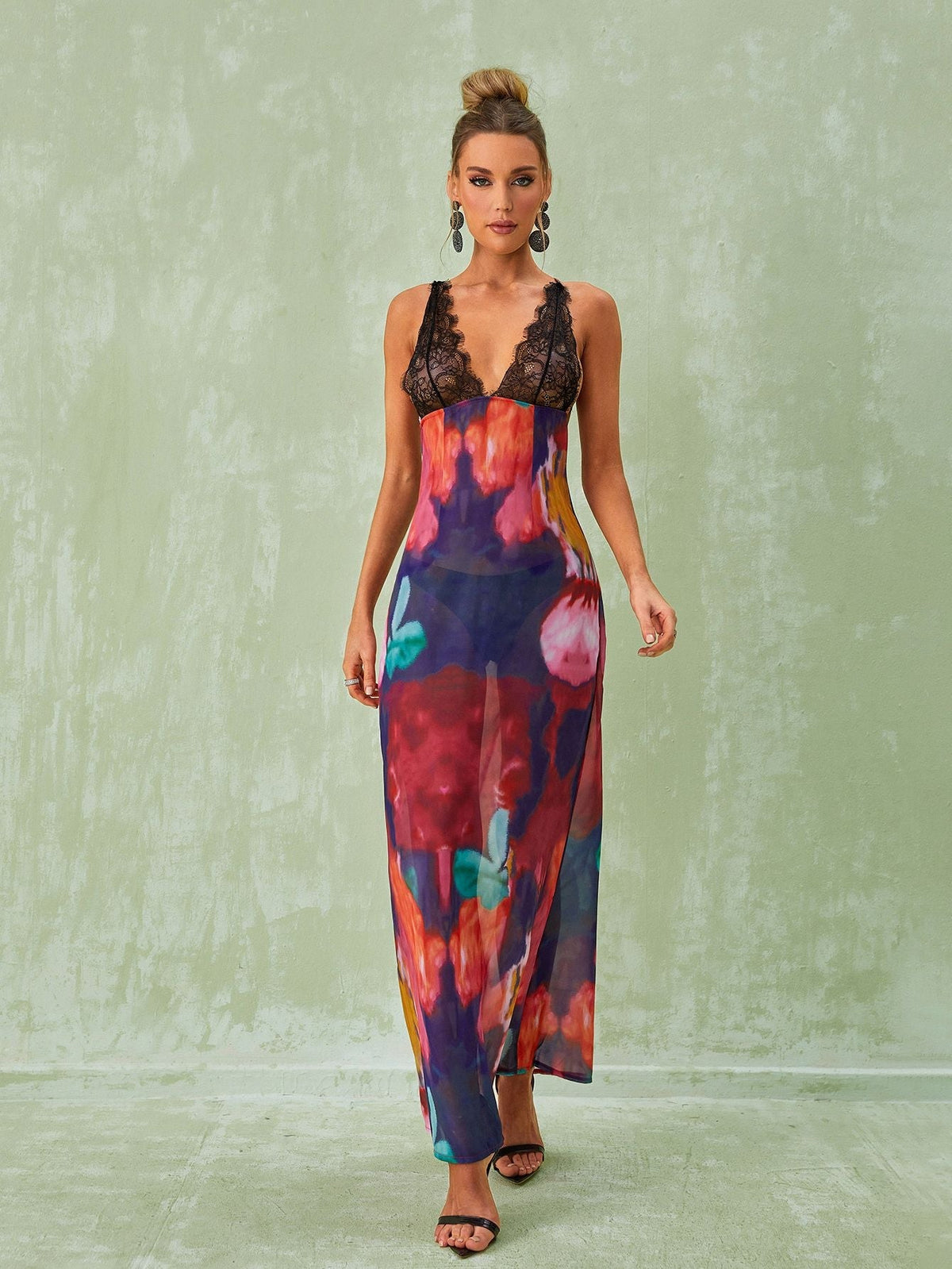 Plunge V-Neck Lace Trim Floral Print Slip Maxi Dress