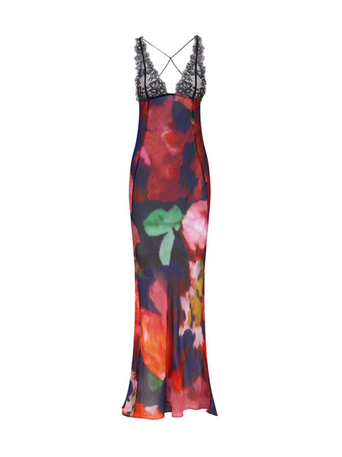 Plunge V-Neck Lace Trim Floral Print Slip Maxi Dress