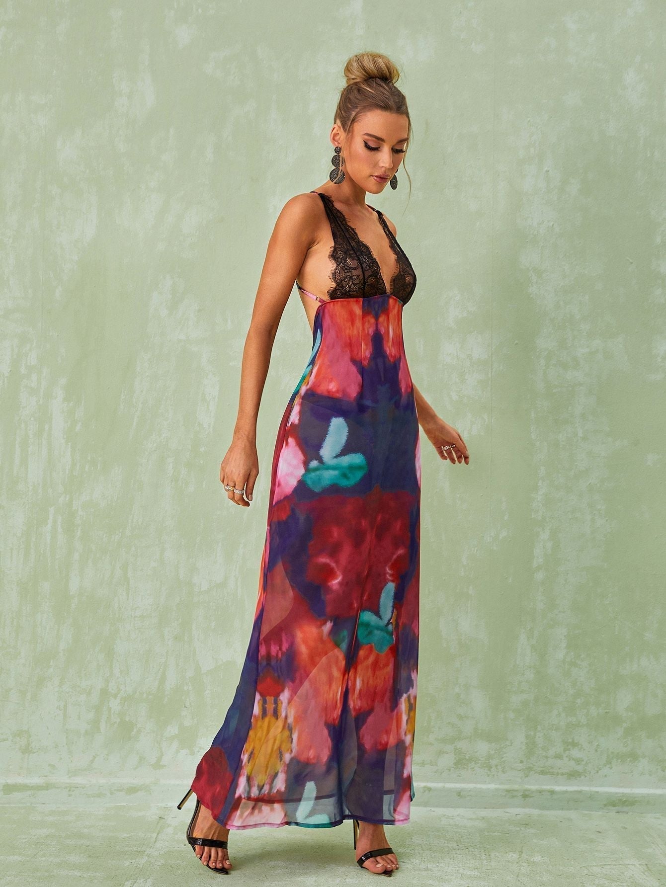 Svea Lace Floral Printed Maxi Dress In Red