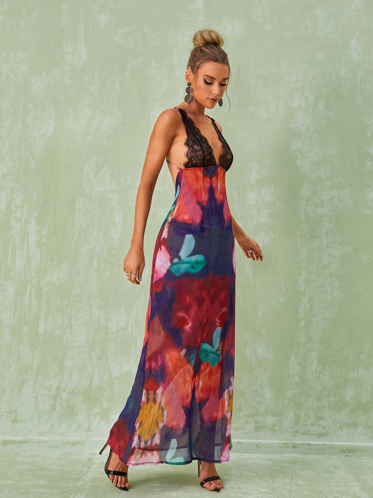Plunge V-Neck Lace Trim Floral Print Slip Maxi Dress