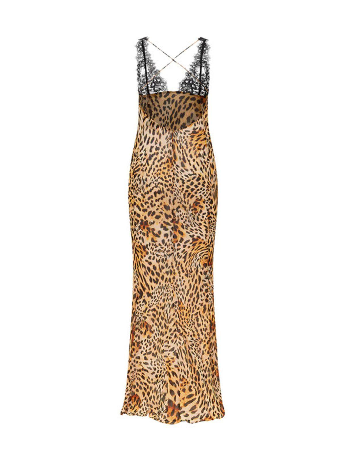 V-Neck Lace Trim Spaghetti Strap Leopard Bodycon Maxi Dress